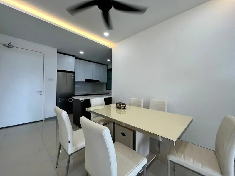 Dining features: 6-seater dining table, white dining chairs, recessed LED downlights, grey tiled flooring, white painted walls, kitchen area visible in background, black cabinetry, stainless-steel fridge; style: modern.