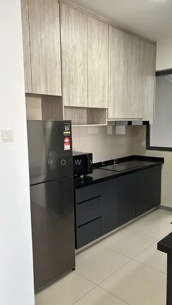 Kitchen features: grey upper cabinets with wood finish, black lower cabinets, black countertop, stainless-steel fridge, built-in microwave, ceramic tile flooring, wall-mounted cabinet, single-bowl stainless-steel sink, chrome pull-down faucet, recessed lighting; style: modern.