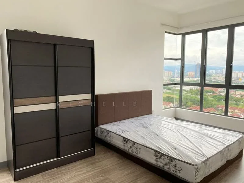 Bedroom features: queen-size bed, upholstered headboard, built-in wardrobe with sliding doors, floor-to-ceiling windows, city view, laminate flooring, neutral wall color, natural light; style: modern; view: city.