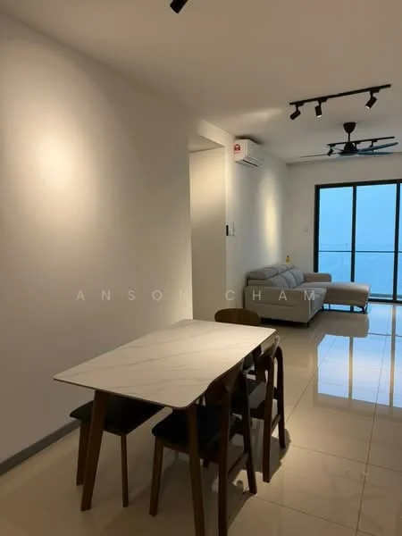 Living features: white painted walls, glossy tile flooring, 5-blade ceiling fan with light, recessed LED downlights, sofa, dining table with marble top, 4 dining chairs, floor-to-ceiling windows, curtains, air conditioning unit; style: modern; view: city.
