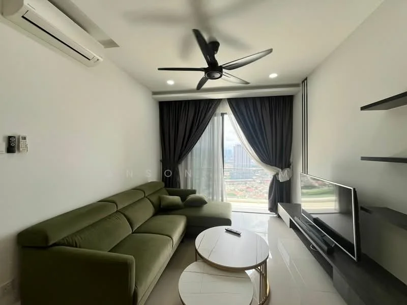 Living features: green fabric sectional sofa, round coffee table, wall-mounted TV, TV console, floor-to-ceiling windows, blackout curtains, 5-blade ceiling fan with light, recessed LED downlights, white painted walls, glossy tile flooring, air conditioning unit; style: modern; view: city.