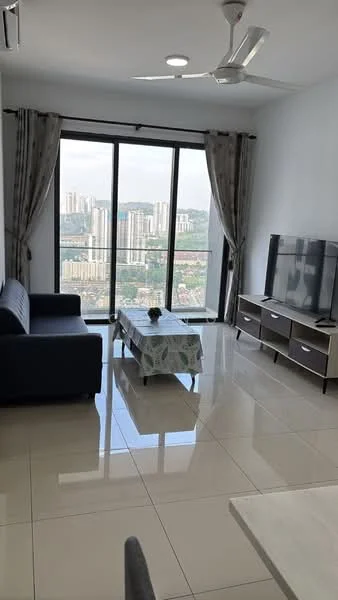 Living features: 3-seater fabric sofa in navy blue, glass coffee table, TV console with storage, wall-mounted TV, floor-to-ceiling windows, curtains with a patterned design, recessed ceiling lights, polished ceramic tile flooring, city skyline view, ceiling fan; style: modern; view: city.