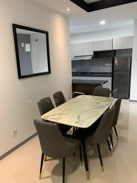 Dining features: marble dining table, 6 upholstered dining chairs with gold legs, mirror on wall, white painted walls, recessed lighting, tile flooring, open layout to kitchen, kitchen visible in background; style: modern. Kitchen features: stainless-steel fridge, built-in kitchen cabinets, glass backsplash, stainless-steel range hood, gas hob, countertop with storage below; style: modern.