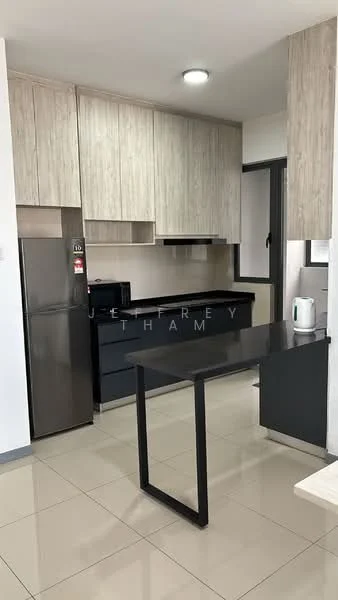 Kitchen features: laminate cabinetry in light wood finish, black countertop, stainless-steel fridge, built-in microwave, kettle, black dining table with metal legs, ceramic tile flooring, recessed ceiling light, window with view to outside, single-bowl stainless-steel sink, chrome pull-down faucet; style: modern.