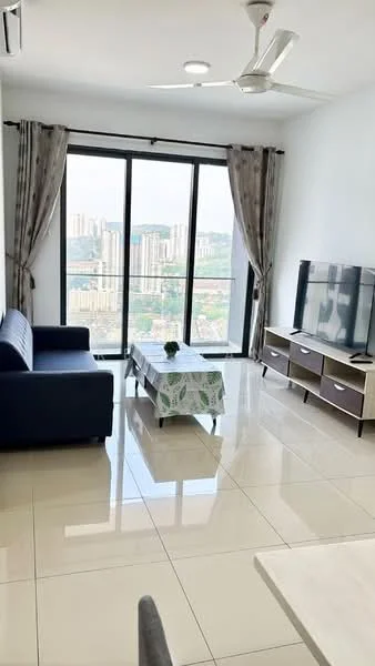 Living features: 3-seater fabric sofa in navy blue, coffee table with floral tablecloth, wall-mounted TV, TV console with drawers, floor-to-ceiling windows, curtains with geometric pattern, ceiling fan with light, glossy tile flooring, city view, decorative plant on table; style: modern; view: city.