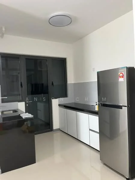 Kitchen features: black granite countertop, white flat-panel cabinets, stainless-steel fridge, single-bowl stainless-steel sink, chrome pull-down faucet, ceramic tile backsplash, recessed downlights, floor-to-ceiling windows, polished tile flooring; style: modern.