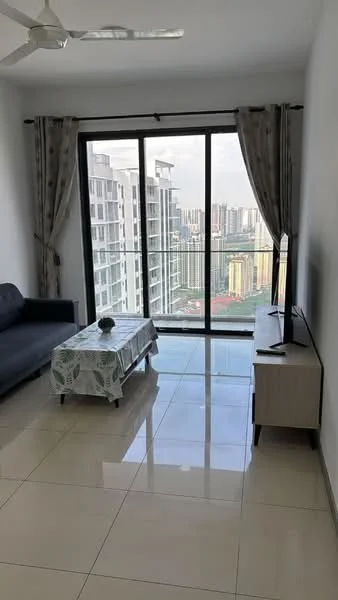 Living features: 3-seater fabric sofa in dark grey, coffee table with floral tablecloth, TV console in light wood, wall-mounted TV, floor-to-ceiling windows, sliding glass door, sheer curtains, ceramic tile flooring, ceiling fan with light, decorative plant on table, city skyline view; style: modern; view: city.