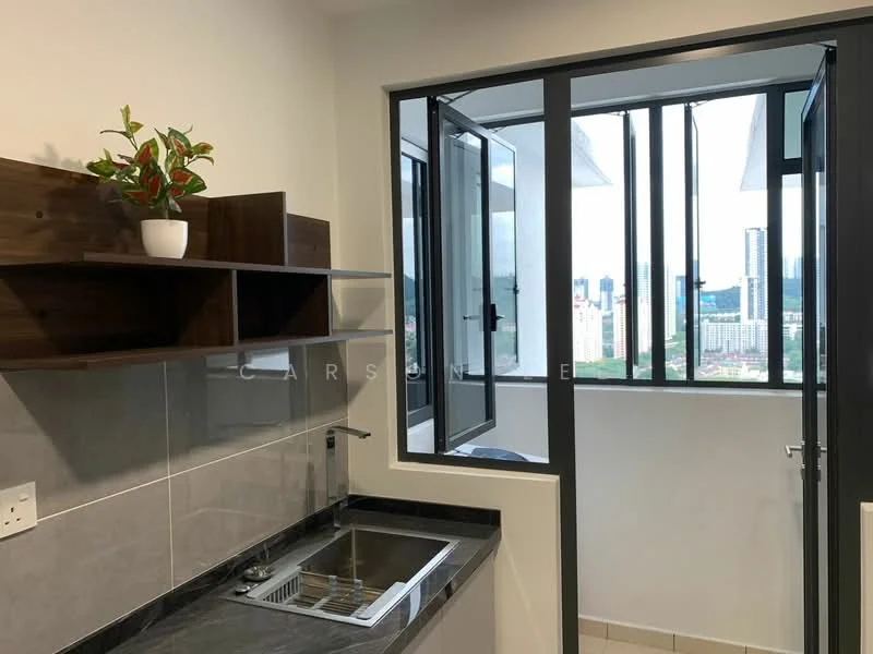 Kitchen features: single-bowl stainless-steel sink, chrome pull-down faucet, black granite countertop, grey ceramic tile backsplash, wooden open shelving, white painted walls, floor-to-ceiling windows, city view from window; style: modern; view: city.