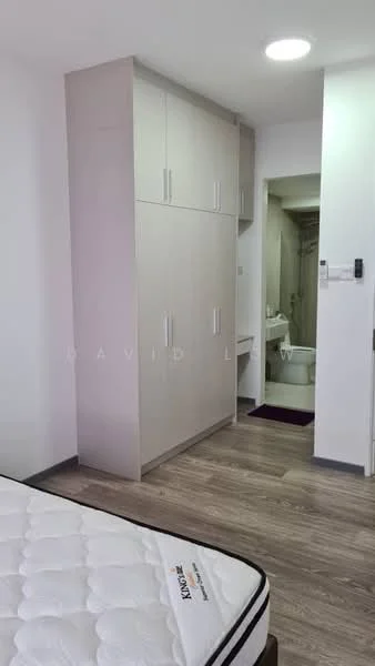 Bedroom features: laminate flooring, white painted walls, built-in wardrobe with sliding doors, queen-size bed, recessed ceiling lights, window with natural light, doorway leading to bathroom, neutral color scheme; style: modern. Bathroom features: toilet, sink, shower area, neutral tiles, mirror, light fixture; style: modern.