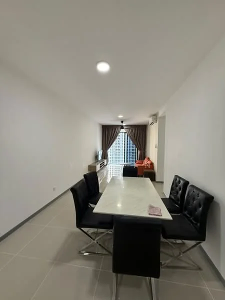 Dining features: white painted walls, grey tiled flooring, 6-seater dining table with marble top, black upholstered dining chairs, pendant light, floor-to-ceiling windows, curtains, TV console, wall-mounted TV, sofa in background; style: modern; view: city.