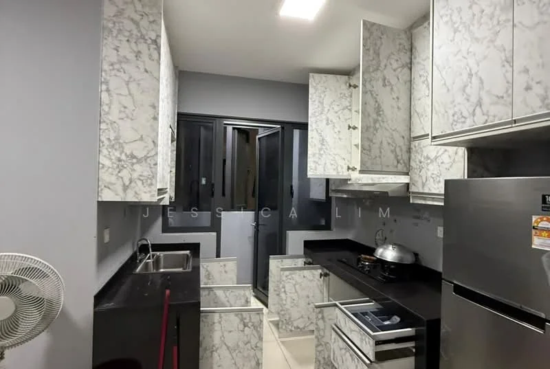 Kitchen features: marble countertop, white marble cabinetry, stainless-steel sink, chrome pull-down faucet, built-in oven, freestanding range oven, stainless-steel fridge, black backsplash, wall-mounted fan, tile flooring, recessed downlights, sliding glass door, window with black frame; style: modern.