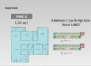 Floor plan: 4-bedroom 2-bathroom unit; features: open-plan kitchen-dining-living, master bedroom with ensuite bathroom, balcony off living room, utility room, laundry area, central foyer, 2 car porch, 1,152 sqft built-up.