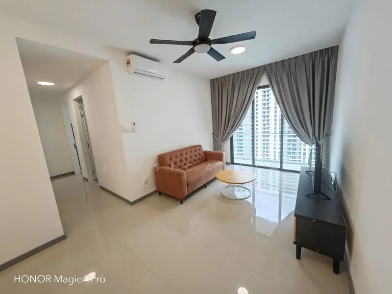 Living features: 5-blade ceiling fan with light, sofa in brown leather, coffee table with round top, TV console in black, floor-to-ceiling windows, sheer curtains, white painted walls, glossy tile flooring, recessed downlights, air conditioning unit on wall; style: modern; view: city.