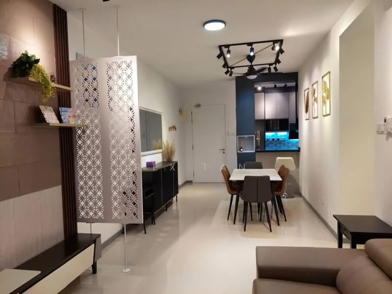 Living features: cream painted walls, polished tile flooring, recessed downlights, track lighting, sofa in beige, coffee table, decorative wall panel, open shelving, dining table for 6 with upholstered chairs, kitchen area visible in background; style: modern.