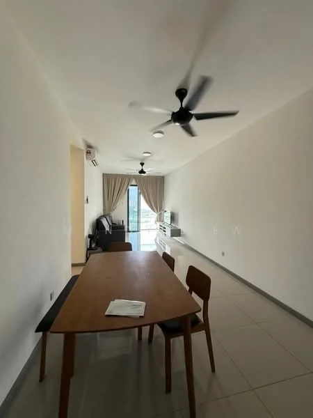 Dining features: dining table with wooden surface, 3 wooden chairs, 2 ceiling fans, wall-mounted TV, floor-to-ceiling sliding glass door, curtains, air conditioning unit, light fixtures, white painted walls, glossy tile flooring; style: modern; view: city.