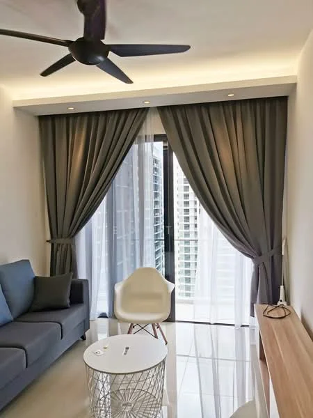 Living features: 3-seater fabric sofa in grey, white accent chair, round coffee table with wireframe base, floor-to-ceiling windows, sheer curtains, blackout curtains, recessed LED downlights, 5-blade ceiling fan with light, glossy tile flooring, wooden side table, decorative wall art; style: modern; view: city.