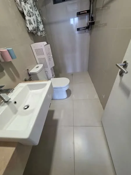 Bathroom features: white ceramic toilet, single-sink vanity with square basin, chrome basin mixer faucet, wall-mounted mirror, shower area with glass partition, tiled walls in light beige, large format tile flooring, towel radiator, curtain for privacy, white door; style: modern.