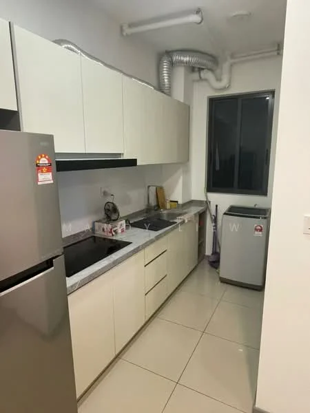 Kitchen features: white flat-panel cabinets, grey marble countertop, double-bowl stainless-steel sink, chrome pull-down faucet, built-in oven, freestanding range oven, stainless-steel side-by-side fridge, grey washing machine, tile flooring, window with black frame, exposed ductwork, under-cabinet lighting; style: modern.