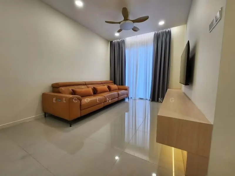 Living features: 3-seater leather sofa in brown, wall-mounted TV, TV console with wooden finish, floor-to-ceiling windows, sheer curtains, grey curtains, ceiling fan with light, glossy tile flooring, neutral painted walls, decorative wall paneling; style: modern.