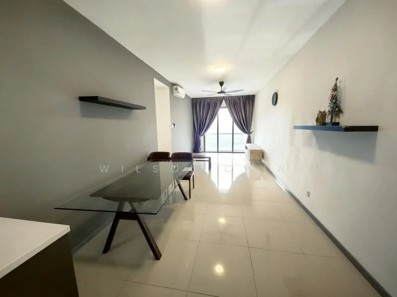 Living features: grey painted walls, white ceiling, recessed downlights, 5-blade ceiling fan, large window with city view, glossy tile flooring, glass dining table with wooden legs, 4 upholstered dining chairs, floating shelves on walls, decorative items on shelves, minimalist decor; style: modern; view: city.