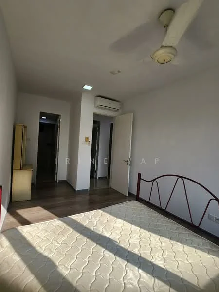 Bedroom features: wooden flooring, white painted walls, 5-blade ceiling fan, wall-mounted split AC, single bed frame, door leading to hallway, window with natural light, built-in wardrobe; style: modern.