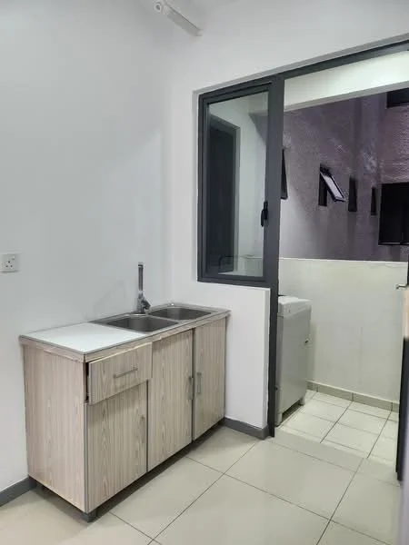 Kitchen features: double-bowl stainless-steel sink, chrome pull-down faucet, light wood cabinetry, white countertop, tile flooring, window with grey frame, washing machine visible, neutral wall color, under-sink storage; style: modern.