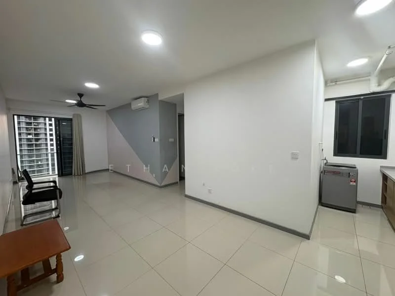 Living features: white painted walls, glossy ceramic tile flooring, recessed LED downlights, 5-blade ceiling fan, floor-to-ceiling windows, sliding glass door, air conditioning unit, blackout curtains, wooden coffee table, black chair, kitchenette area with countertop, stainless-steel fridge; style: modern; view: city.