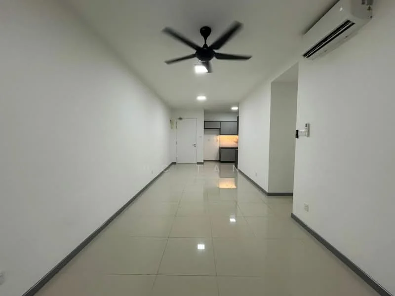 Room features: white painted walls, glossy ceramic tile flooring, 5-blade ceiling fan, 1 wall-mounted split AC, recessed LED downlights, doorway leading to kitchen, neutral color scheme, open layout; style: modern.