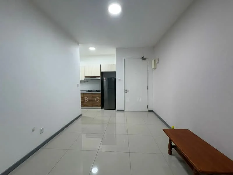 Room features: white painted walls, glossy tile flooring, recessed downlights, wooden console table, black refrigerator, kitchen cabinetry, open layout, door to hallway; style: modern.