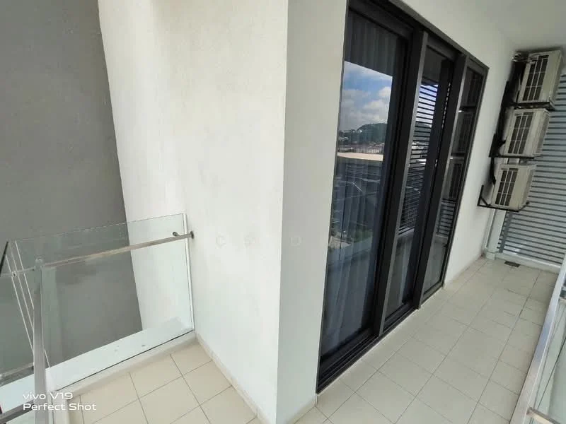 Room features: glass balcony railing, white painted walls, floor-to-ceiling windows, tile flooring, 2 wall-mounted split AC units, city view; view: city.
