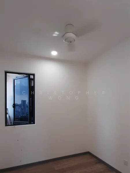 Room features: white painted walls, wooden flooring, ceiling fan, window with black frame, city view from window, recessed downlight; view: city.