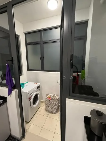 Laundry features: front-load washing machine, white cabinetry, grey countertop, tile flooring, large window with frosted glass, basket for laundry, light fixture on ceiling, grey walls; style: modern.
