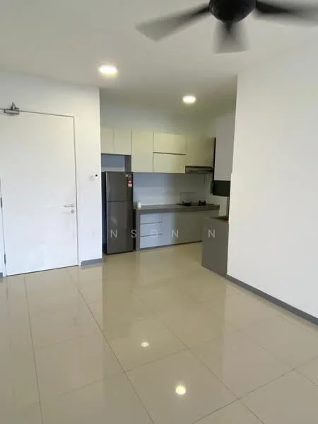 Kitchen features: white cabinetry, grey countertop, stainless-steel fridge, built-in oven, 4-burner gas hob, single-bowl stainless-steel sink, chrome pull-down faucet, wall-mounted split AC, pendant light, polished tile flooring, open layout, neutral wall color, ceiling fan; style: modern.