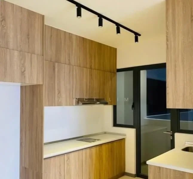Kitchen features: wood cabinetry, white countertop, stainless-steel range hood, built-in cooktop, single-bowl stainless-steel sink, black window frame, track lighting, open shelving; style: modern.