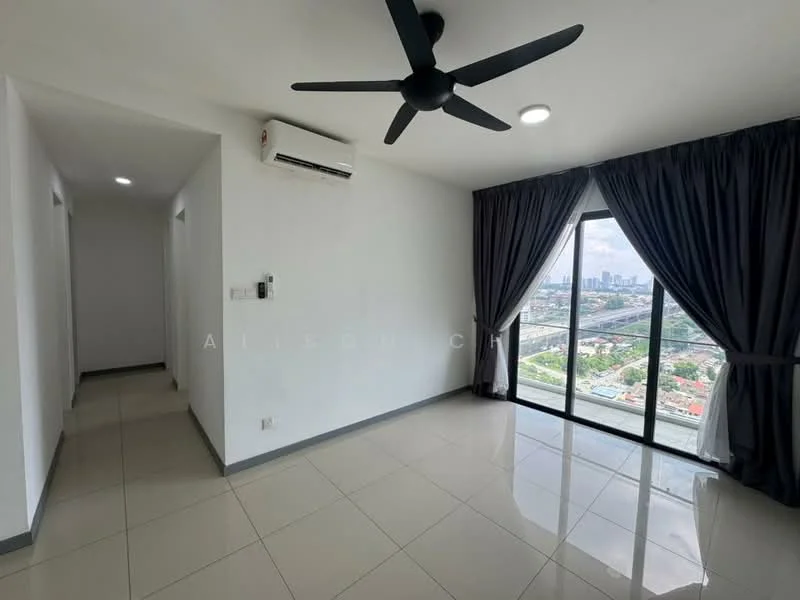 Living features: white painted walls, glossy ceramic tile flooring, 5-blade ceiling fan, floor-to-ceiling windows, blackout curtains, air conditioning unit, recessed downlights; style: modern; view: city. Hallway features: white painted walls, glossy ceramic tile flooring, recessed downlights; style: modern.