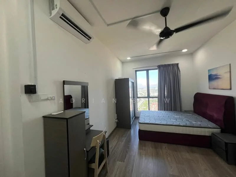 Bedroom features: queen-size bed, upholstered headboard in burgundy, wooden flooring, 1 wall-mounted split AC, 5-blade ceiling fan, floor-to-ceiling windows, curtains, dressing table with mirror, wooden wardrobe, study desk with chair, decorative wall art; style: modern; view: city.