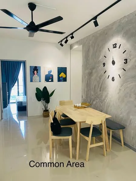 Dining features: dining table with wooden legs, 4 grey upholstered dining chairs, pendant light fixture, wall-mounted clock, grey accent wall, white painted walls, floor-to-ceiling windows, sliding glass door, decorative artwork on walls, indoor plant in ceramic pot, glossy tile flooring, ceiling fan with 3 blades; style: modern; view: garden.