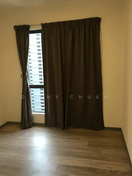 Room features: brown curtains, floor-to-ceiling window, laminate flooring, light beige painted walls.