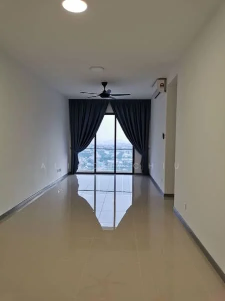 Living features: large floor-to-ceiling windows, grey curtains, white painted walls, polished ceramic tile flooring, 5-blade ceiling fan, recessed ceiling lights, air conditioning unit, city view; style: modern; view: city.