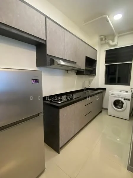 Kitchen features: grey laminate cabinetry, black countertop, stainless-steel fridge, built-in gas stove, stainless-steel range hood, single-bowl stainless-steel sink, chrome pull-down faucet, white washing machine, tile flooring, window with black roller blinds, wall-mounted cabinets; style: modern.