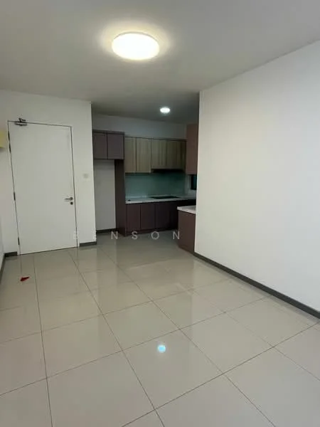 Room features: white painted walls, glossy tile flooring, kitchen cabinetry in light wood, countertop in light color, single-bowl stainless-steel sink, built-in stove, recessed ceiling lights, door leading to another room, open layout, no visible appliances; style: modern.