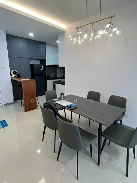 Dining features: 6-seater dining table with grey top, upholstered dining chairs in grey, pendant light fixture with glass bulbs, white walls, polished tile flooring, open layout to kitchen, wall-mounted kitchen cabinetry, black refrigerator, built-in kitchen appliances, countertop with bar seating; style: modern. Kitchen features: black cabinetry, built-in oven, stainless-steel sink, chrome faucet, ceramic tile backsplash, microwave, kitchen island, recessed lighting; style: modern.