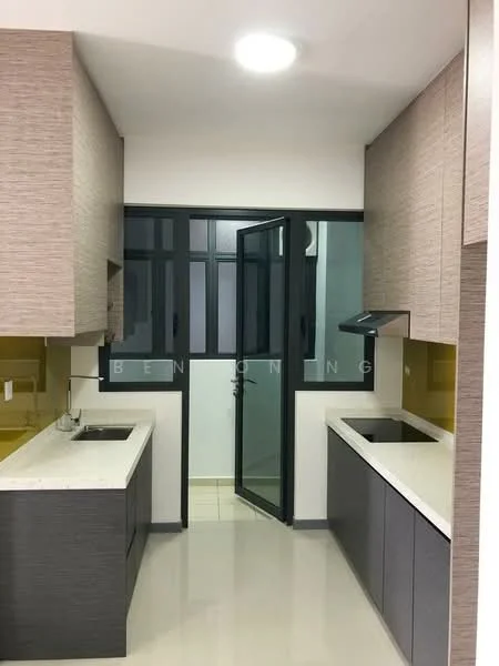 Kitchen features: white quartz countertop, grey cabinetry with flat-panel design, stainless-steel sink, chrome pull-down faucet, built-in range hood, glass window with black frame, tile backsplash, recessed ceiling lights, light-colored tiled flooring, open layout, double-door access to adjacent area; style: modern.