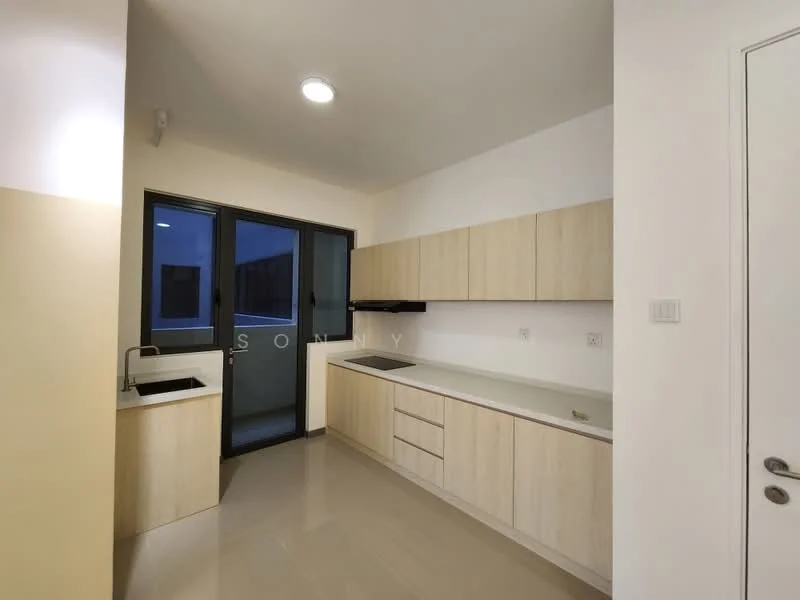 Kitchen features: light wood cabinetry, white countertop, single-bowl stainless-steel sink, chrome pull-down faucet, built-in oven, induction hob, sliding glass door, floor-to-ceiling windows, recessed downlights, cream painted walls, glossy tile flooring; style: modern.