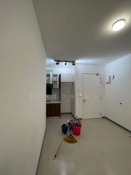 Room features: white painted walls, glossy tile flooring, recessed ceiling lights, kitchen cabinetry with wood finish, countertop, door, cleaning supplies, mop, bucket; style: modern.