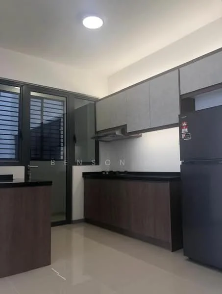 Kitchen features: grey cabinetry, black countertop, stainless-steel fridge, built-in kitchen hood, window with horizontal slats, tile flooring, recessed ceiling light, open layout; style: modern.