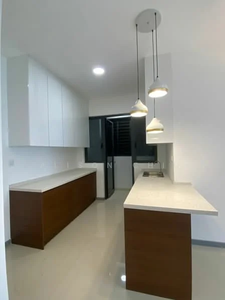 Kitchen features: white upper cabinets, brown lower cabinets, light-colored countertop, pendant lighting, recessed ceiling lights, open layout, sliding glass door, tile flooring, window with grill, kitchen island, back wall with dark finish; style: modern.