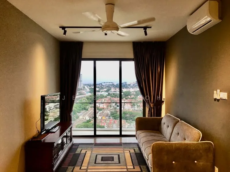 Living features: 3-seater fabric sofa in beige, wall-mounted TV, TV console in dark wood, ceiling fan with integrated light, floor-to-ceiling windows, curtains in dark brown, decorative area rug with geometric pattern, air conditioning unit on wall, accent wall in dark grey, wooden flooring; style: modern; view: city.