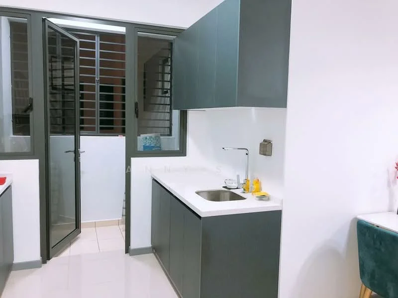 Kitchen features: grey cabinetry, white countertop, single-bowl stainless-steel sink, chrome pull-down faucet, built-in kitchen cabinet, tile flooring, window with security bars, open layout, wall-mounted storage, kitchen appliances visible; style: modern.