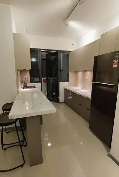 Kitchen features: marble countertop, stainless-steel fridge, built-in oven, flat-panel cabinetry in light grey, single-bowl stainless-steel sink, chrome pull-down faucet, ceramic tile flooring, recessed downlights, bar seating with stools, window with black frame, open layout, white backsplash; style: modern.